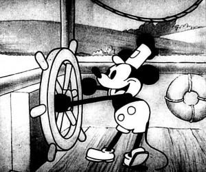 Mickey Mouse steering a boat