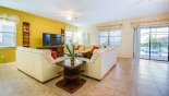 Villa rentals near Disney direct with owner, check out the Family room with comfortable leather sofas and views onto pool deck