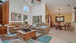 View of the family room with seating for 5 with patio door access to the covered lanai from Highlands Reserve rental Villa direct from owner