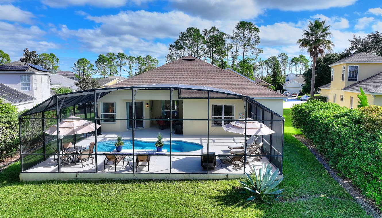 Aerial view of the private screened pool deck