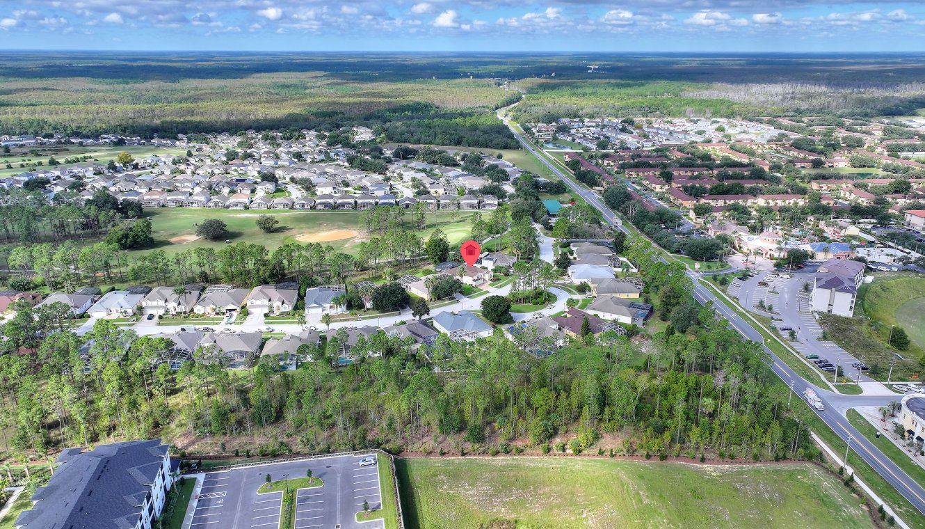 Aerial view of our villa showing golf course to rear