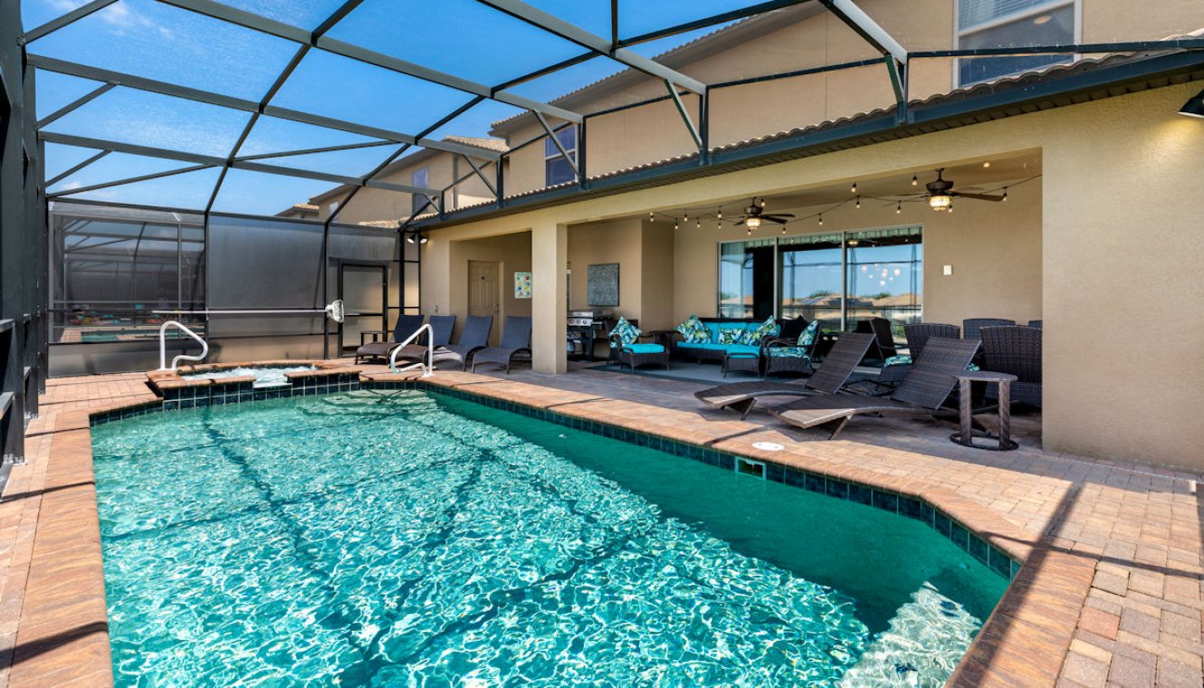 Pool viewed towards covered lanai